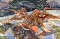 a painting of a dragon flying over a city