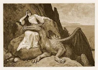 a drawing of a woman sitting on a rock next to a dragon