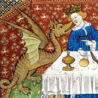 an illustration of a woman and a dragon at a table