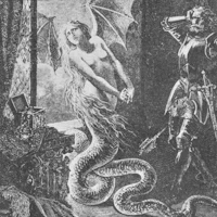 an old illustration of a woman and a dragon