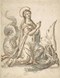 a drawing of a woman kneeling on a dragon