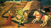 a painting of a woman riding a horse and a dragon